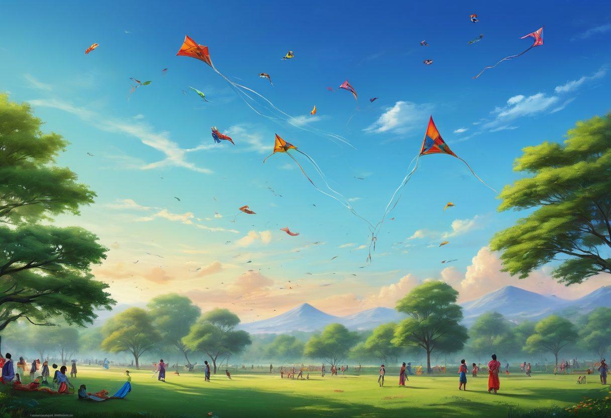 A colorful sky filled with a variety of traditional kites in different shapes and sizes soaring high, with children and adults joyfully flying kites in a lush green park under a bright blue sky. Include cultural elements, like people wearing traditional attire from various cultures. The scene should evoke a sense of freedom and excitement. vibrant colors. super-realistic.