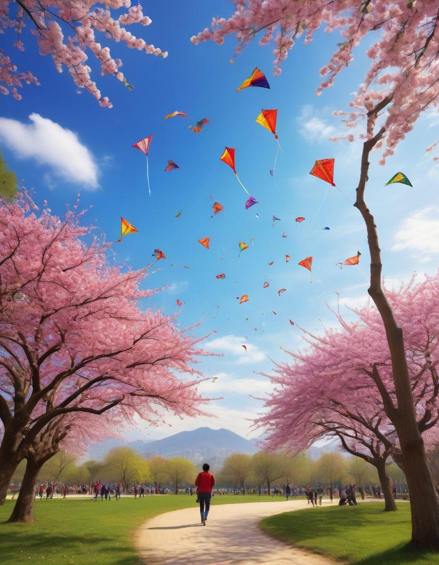 A vivid scene of children and adults joyfully flying colorful Chinese kites in a sunny park, filled with various traditional kite designs showcasing intricate patterns and cultural motifs. The sky is a brilliant blue, dotted with fluffy white clouds and the kites are soaring high, creating a festive atmosphere. In the background, cherry blossom trees are blooming, enhancing the cultural aspect. super-realistic. vibrant colors. bright sunny background.