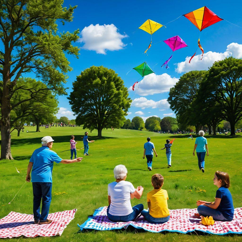 A vibrant scene showcasing families of all generations flying colorful kites in a vast, sunny park. The sky is a brilliant blue dotted with fluffy white clouds, and the kites, in various shapes and colors, dance playfully in the breeze. Children laugh and run, while older generations sit on picnic blankets, enjoying the day. In the background, rolling green hills and blooming wildflowers create a picturesque landscape. bright colors. super-realistic.